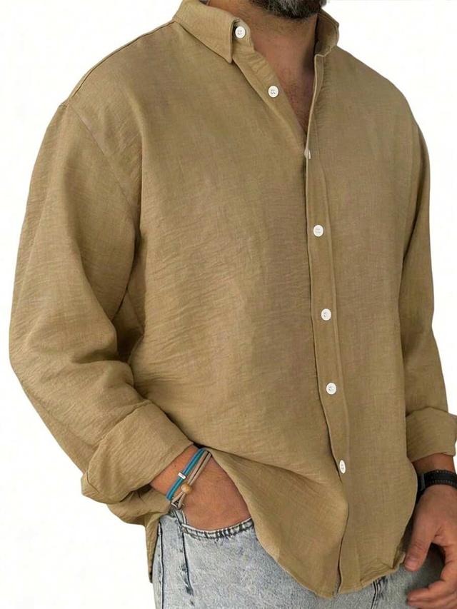 men's solid tan casual long sleeve linen shirt