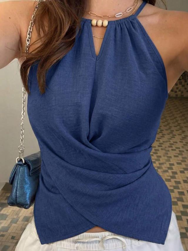 casual solid blue cinched waist halter neck tank top