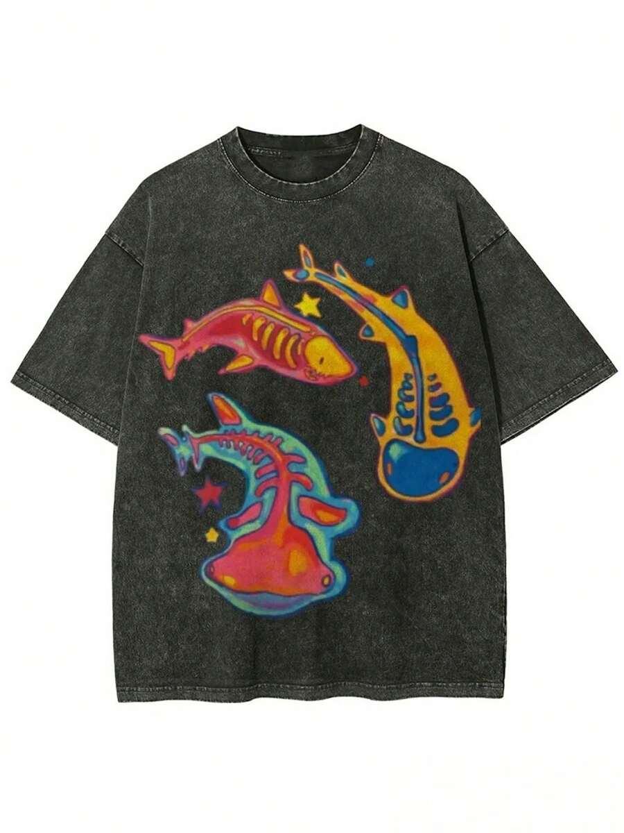 women's printed washed-shirt retro street style round neck