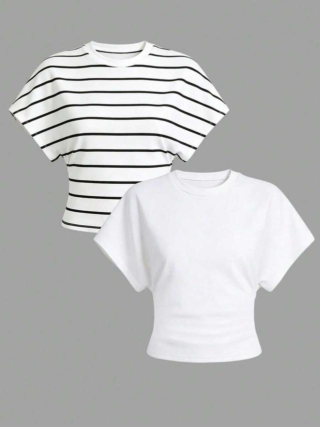 striped airaco women's minimalist versatile round neck batwing sleeve slim fit top