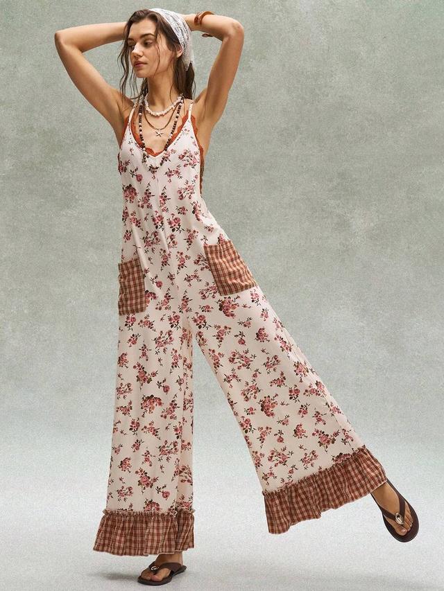 bohemela floral woven patchwork jumpsuit with plaid trim
