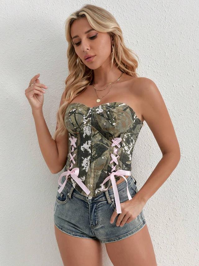 camouflage woven strapless corset top with pink lace-up