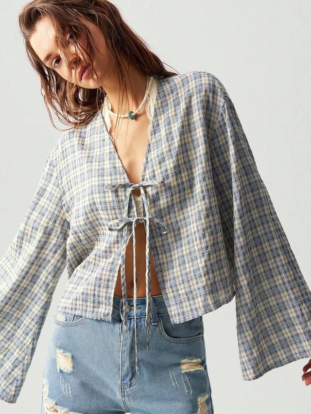 blue and white plaid woven long sleeve tie shirt