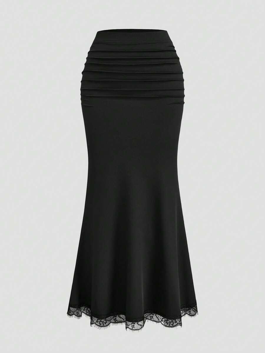 black lace trim ruched midi skirt