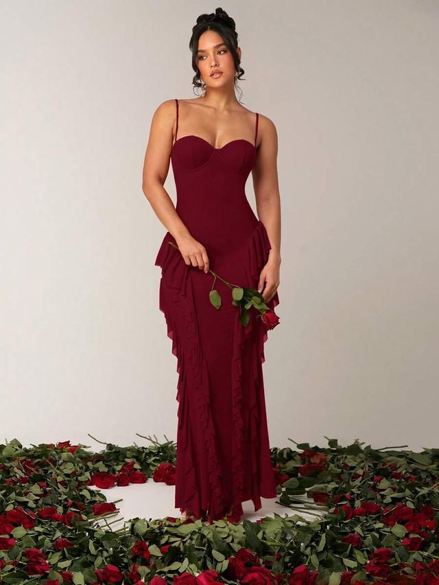 burgundy spaghetti strap ruffled fishtail backless evening dress