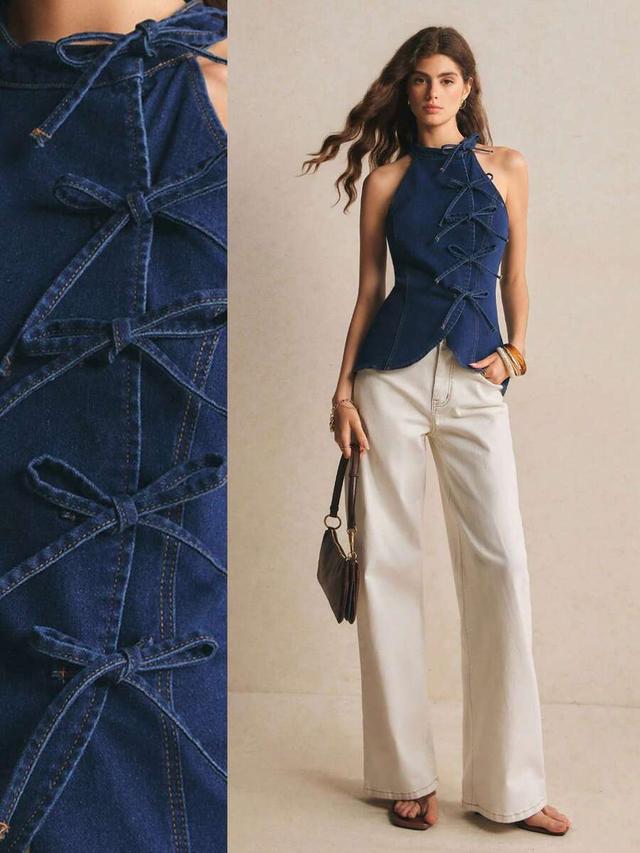 navy blue denim halter neck tank with bow detailing