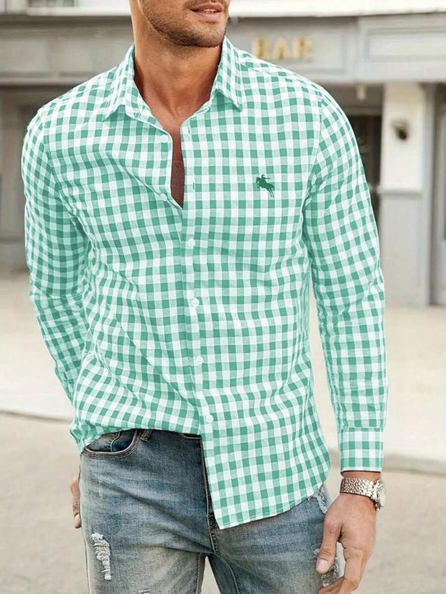 green and white plaid long sleeve button-down shirt