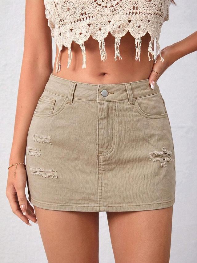 solid color distressed khaki denim mini skirt