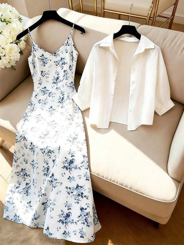 white floral print camisole dress and solid shirt set