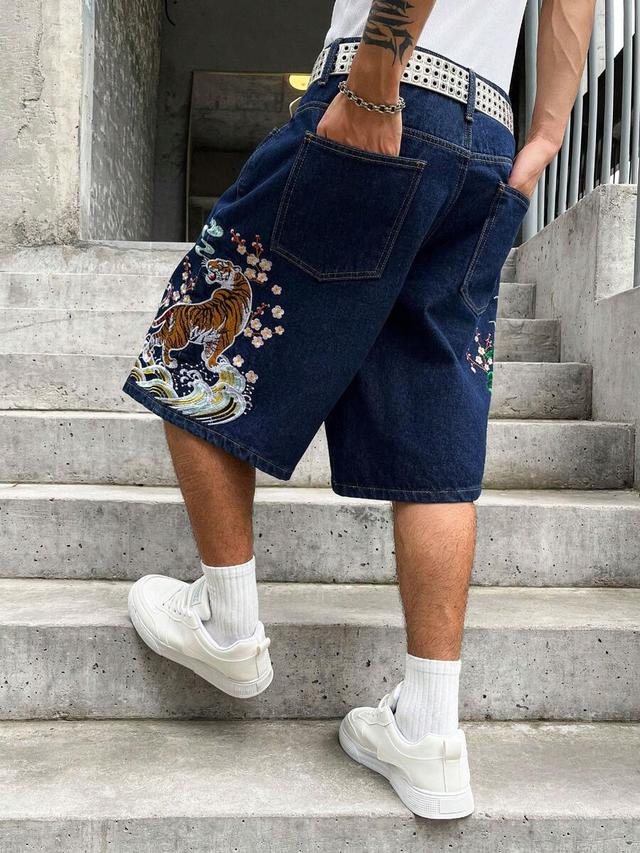 gallery fade embroidered blue denim shorts