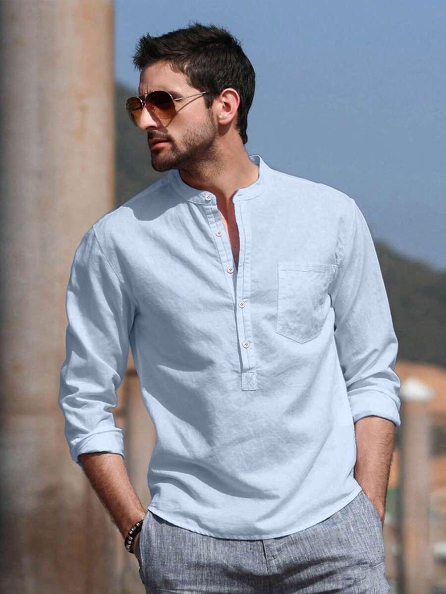 light blue casual linen blend mandarin collar shirt