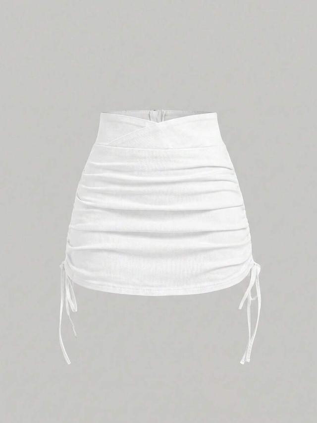 white ruched drawstring mini skirt