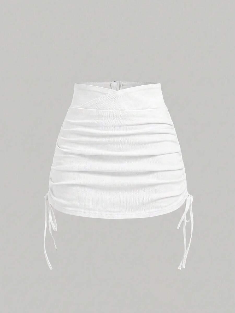 white ruched drawstring mini skirt