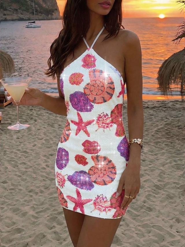 white tropical sequin halter neck mini dress