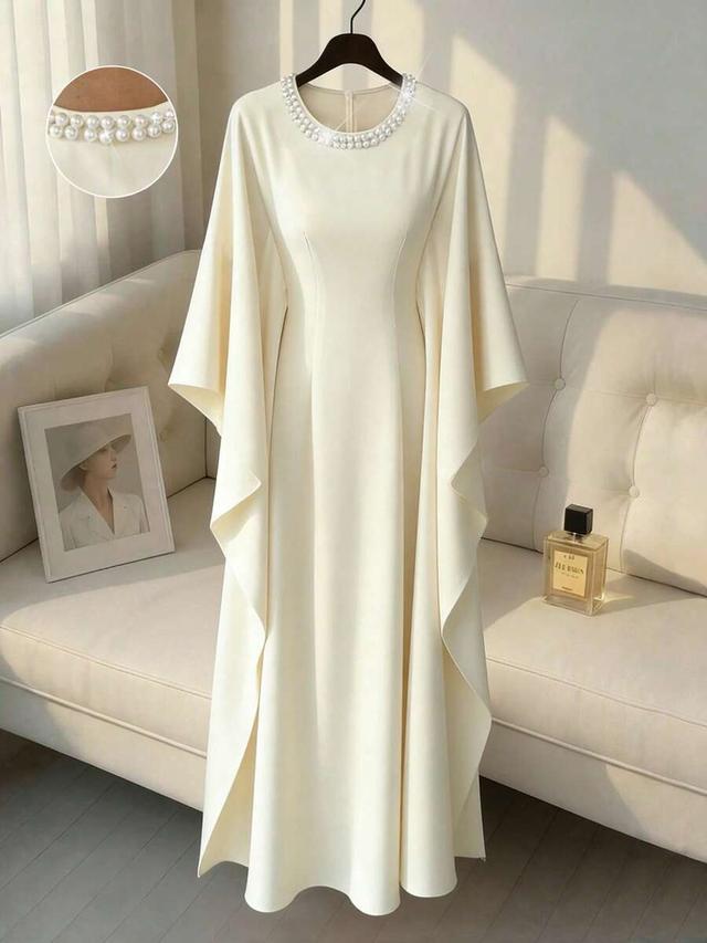 elegant pearl decor round neck batwing sleeve maxi dress