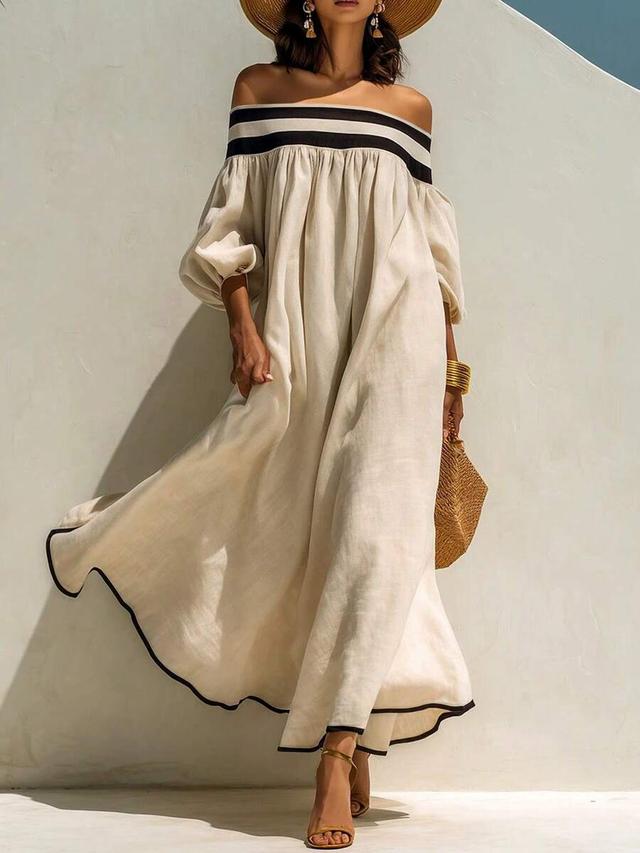 beige off-shoulder striped lantern sleeve maxi dress