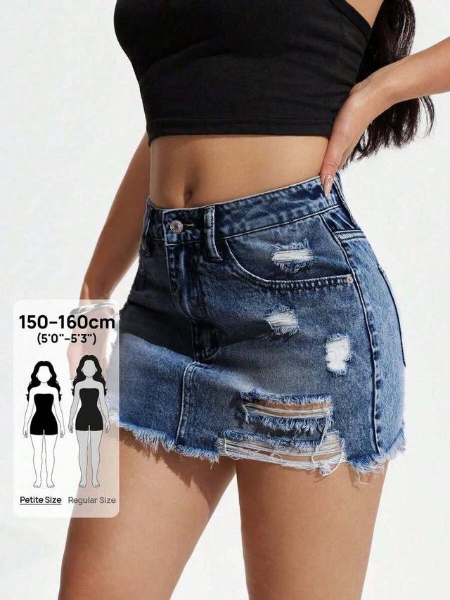 distressed washed denim mini skirt with raw hem
