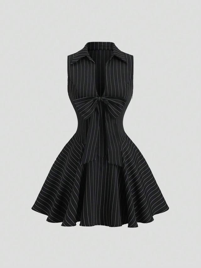black and white striped sleeveless bow tie dress