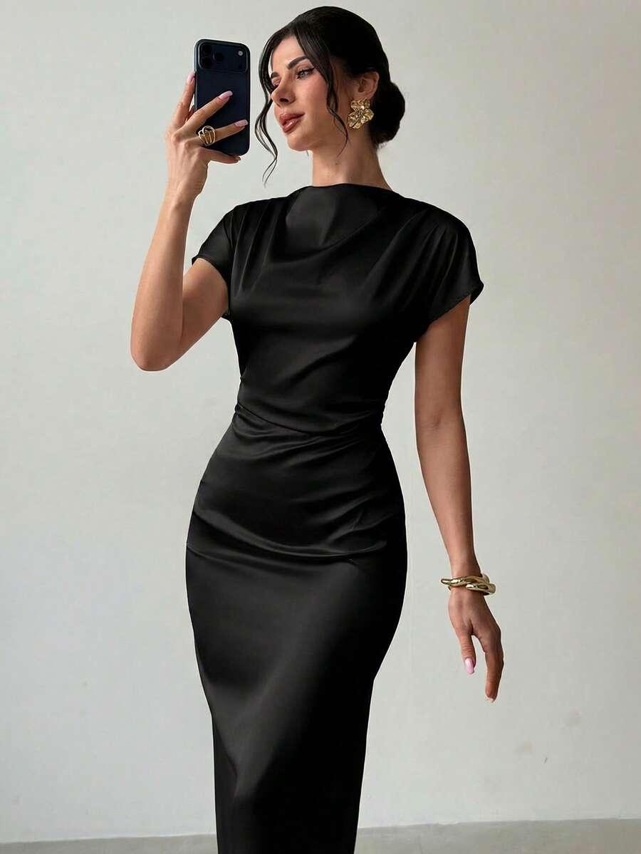 elegant black minimalist fitted pleated sleeve long dress