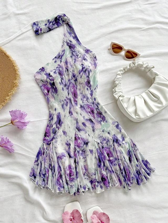 floral print tie strap open back mini dress