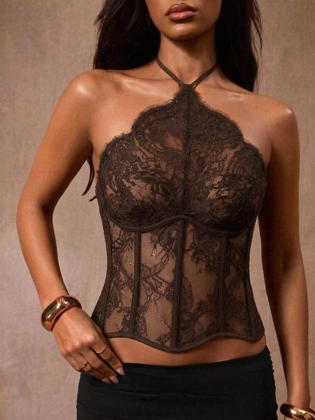 opulessa halter neck lace corset top in brown