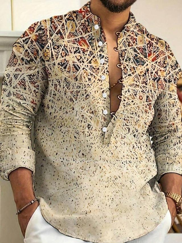 men's geometric print long sleeve stand collar shirt