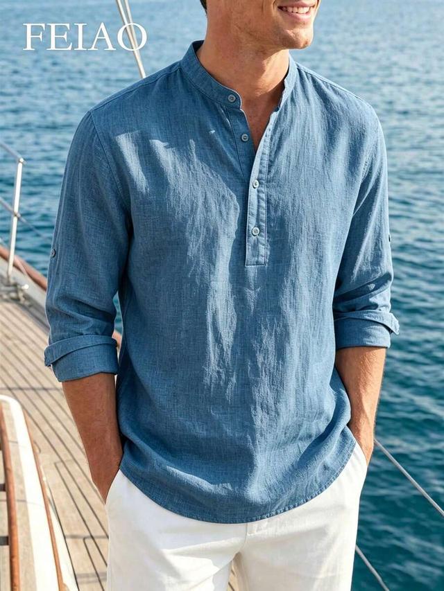 men's blue cotton henley long sleeve shirt