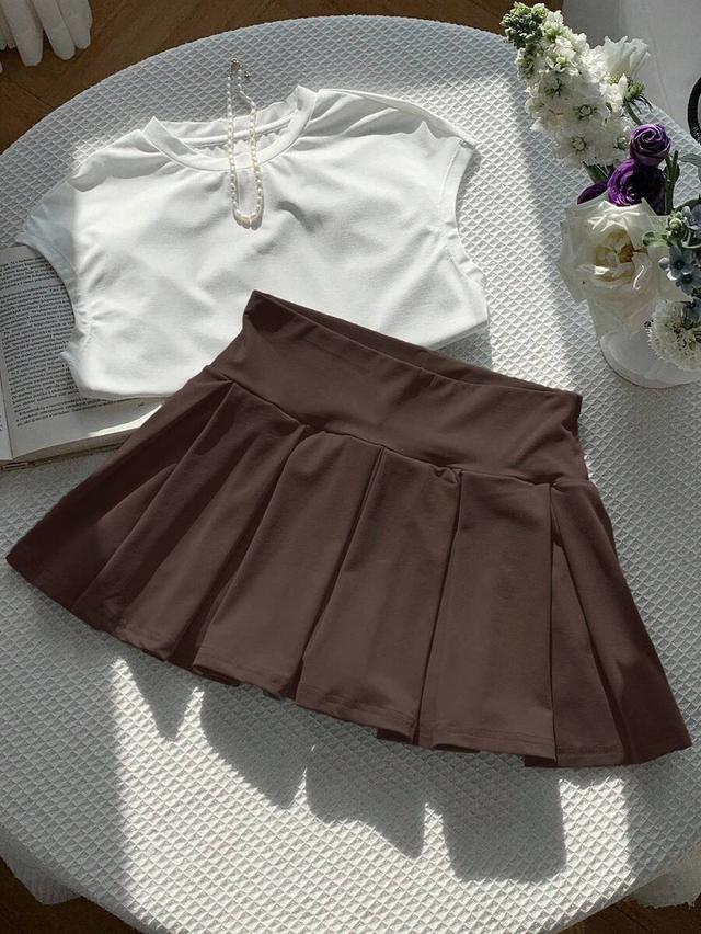 solid brown knitted pleated mini skirt
