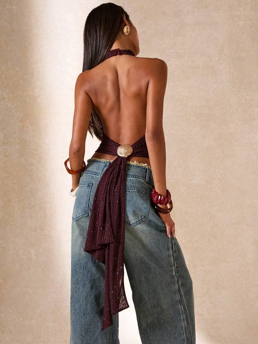 burgundy shimmer halter neck backless tie back tank top