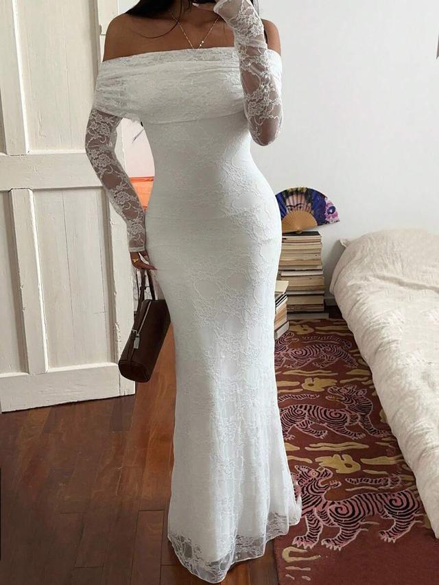 elegant white off shoulder lace long sleeve dress