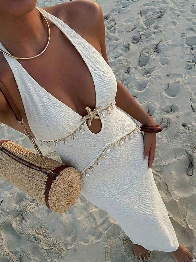 off-white textured deep v-neck starfish decor beach dress
