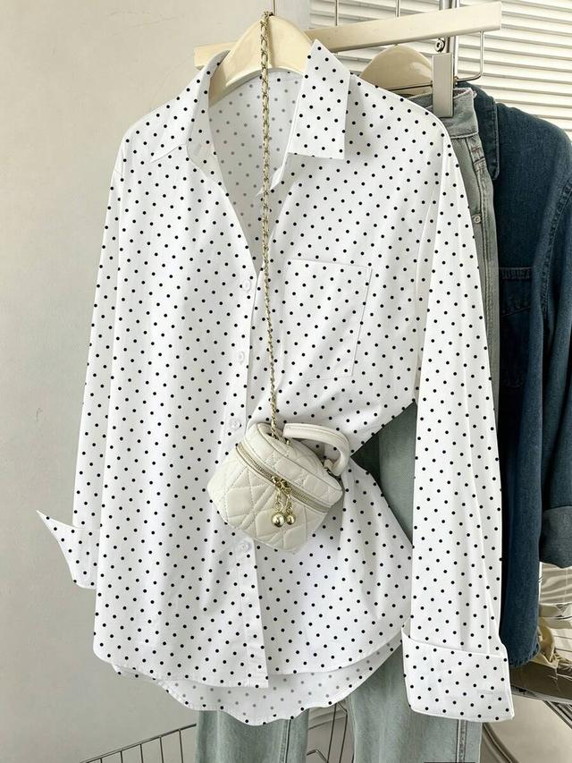 white polka dot print long sleeve button-up shirt