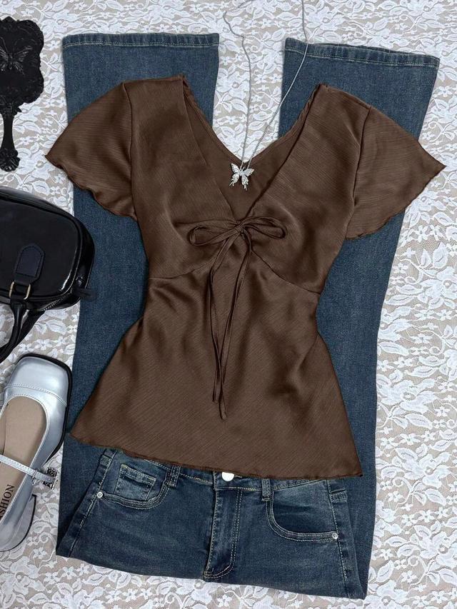 brown v-neck twist front short sleeve top