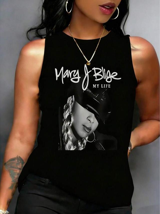 mary j blige graphic black cotton tank top