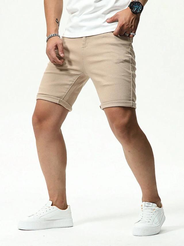 khaki casual denim shorts with rolled cuffs