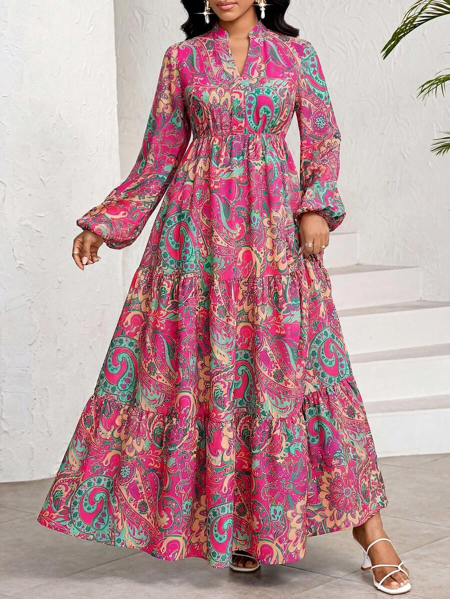 pink green paisley print tiered maxi dress