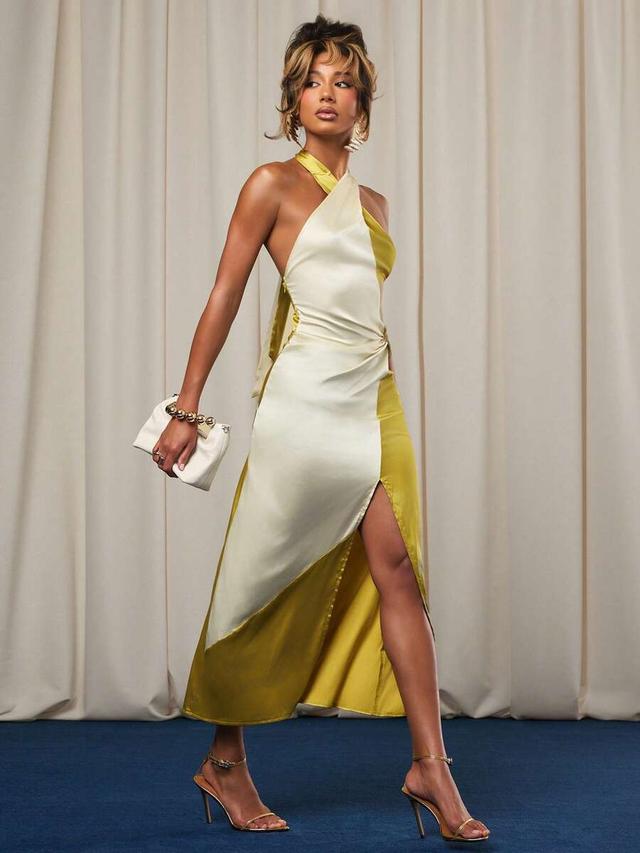 crossover neckline colorblock satin maxi dress