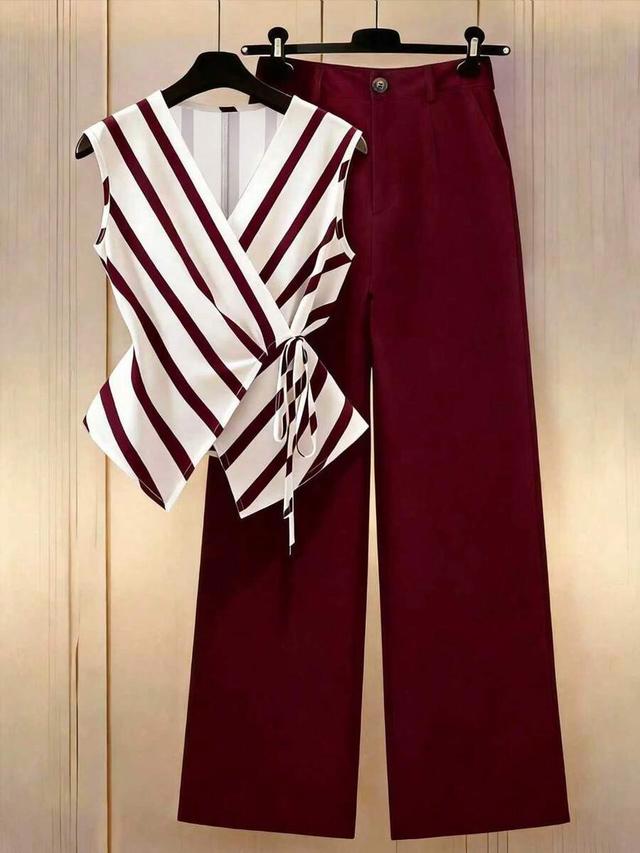 striped v-neck wrap top and high-waisted trousers set