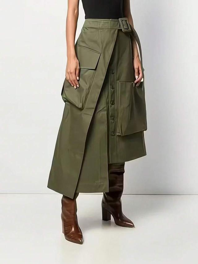 asymmetric olive green cargo midi skirt