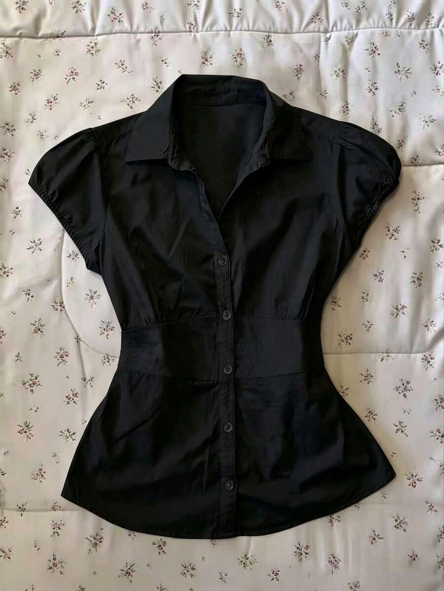 islasuriya minimalist solid black waist-defining button-down shirt
