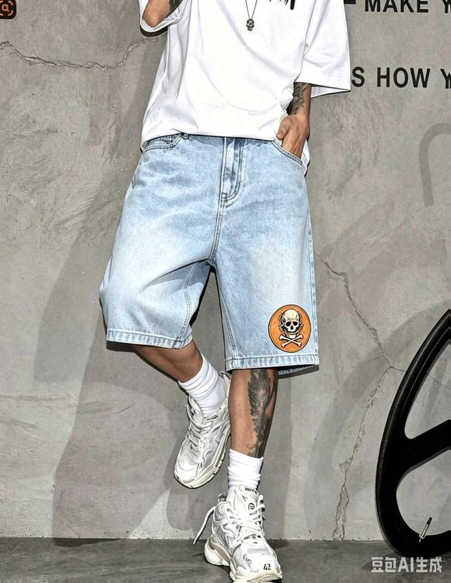 light wash denim shorts with skull badge print