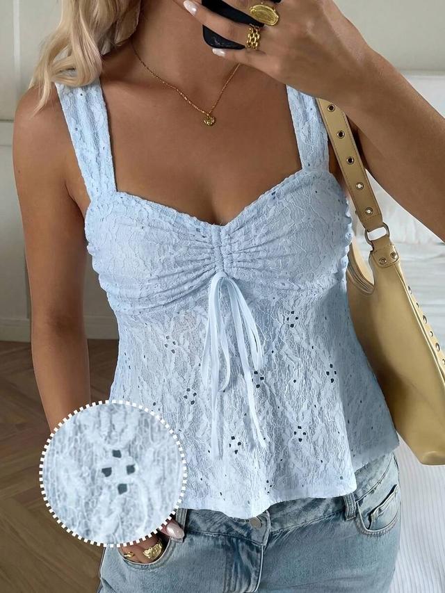 light blue lace hollow out ruffle tie camisole