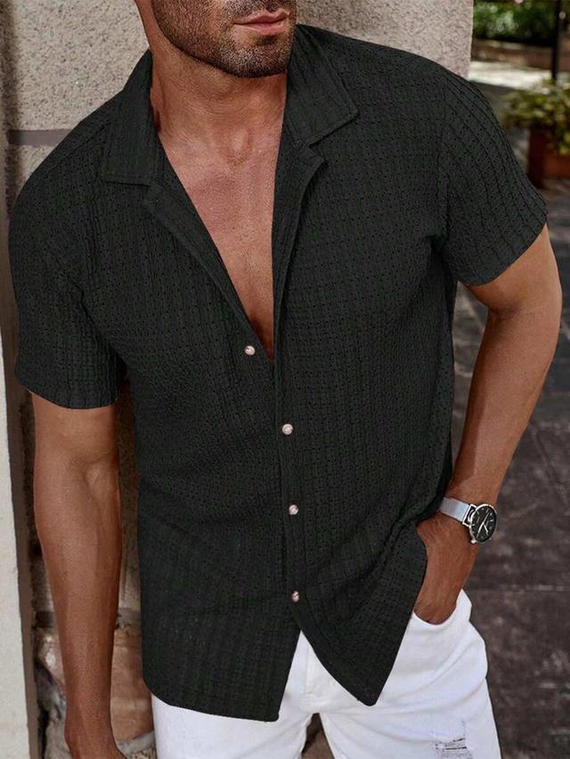 black textured short sleeve casual camp collar shirt