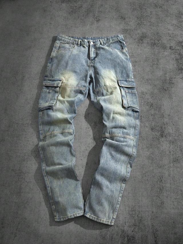 washed and distressed denim cargo pants