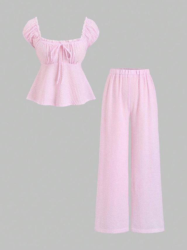 french sweet puff sleeve striped blouse and pants set