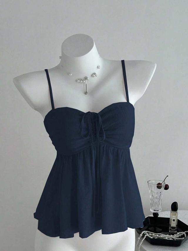 solid navy blue ruffle fabric camisole top