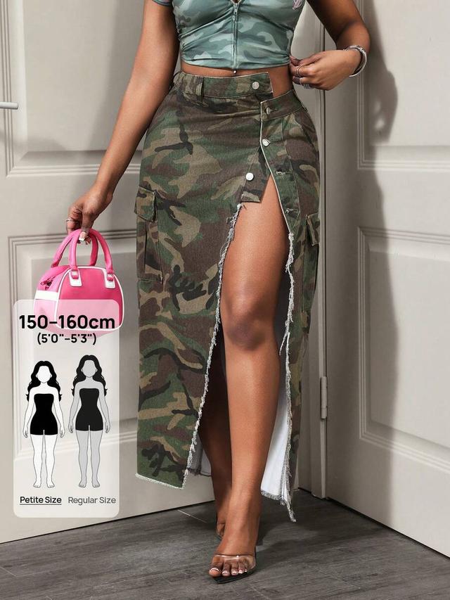 camouflage print button-up cargo denim midi skirt