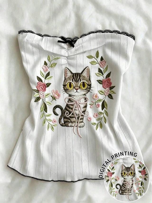 white black cat floral print lace trim tube top