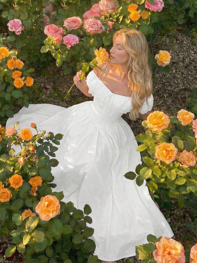 off-shoulder lace trim splice romantic white dress
