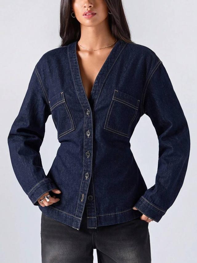 dark wash denim v-neck single-breasted jacket